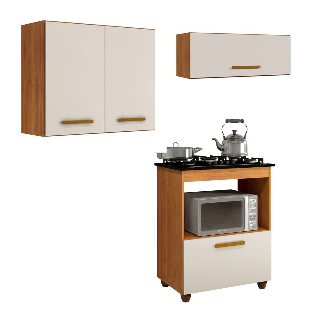Conjunto Modulado Balcão Cooktop 5 Bocas com Nicho 1 Porta Basculante e 2 Armários Aéreo