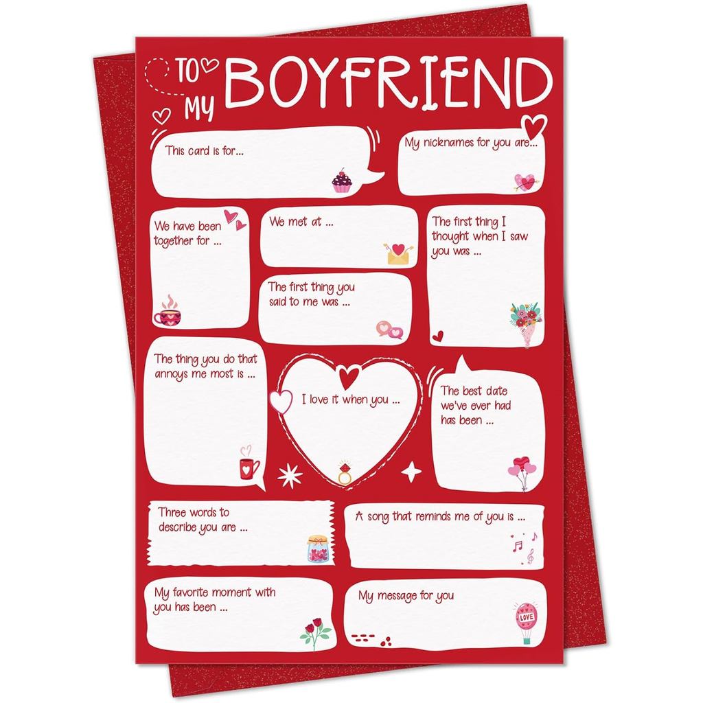 D4DREAM Anniversary Card for Boyfriend - Personalized Fill-in-the-Blank DIY Anniversary Card for Him, Red Envelope & Sea