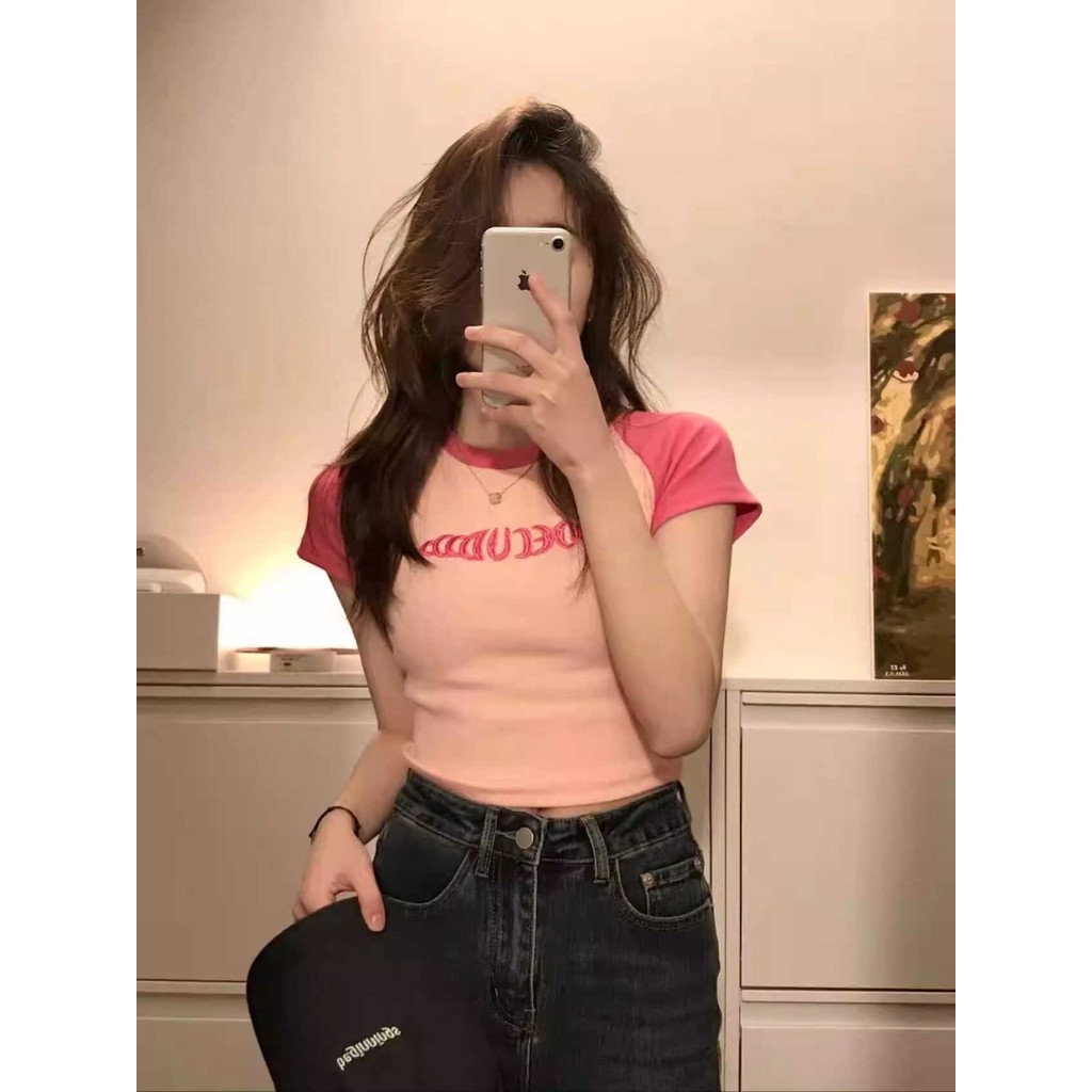 Ombro positivo quente menina rosa manga curta camiseta feminina verão Plus Size gordura MM puro desejo estilo fino-ajust