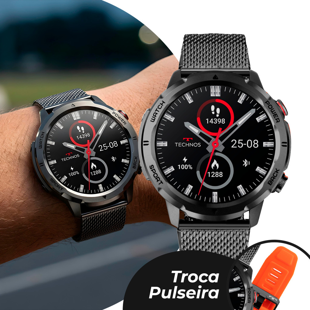 Smartwatch Preto e Laranja com Caixa e Pulseira de Aço Inoxidável e Silicone à Prova D` Água Kit com 2 Pulseiras Technos