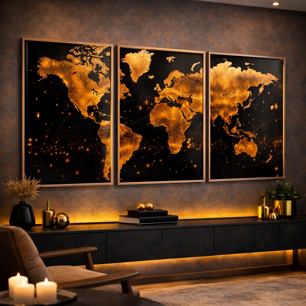Quadros Decorativos Trio Mapa-Múndi Vintage História Geografia Sala Escritório