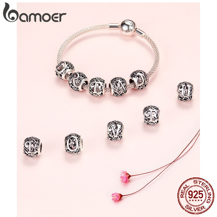 Bamoer Real 925 Silver Charm Beads Cartas A ~ Z Pingente Para Pulseira De Bricolagem Acessórios