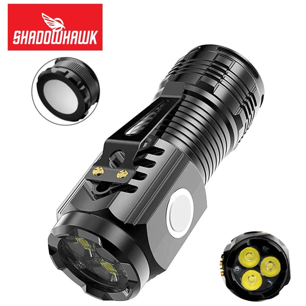 Mini Lanterna LED Shadowhawk 3 LEDs Tipo C Recarregável Portátil com Ímã Clipe EDC Alta Potência