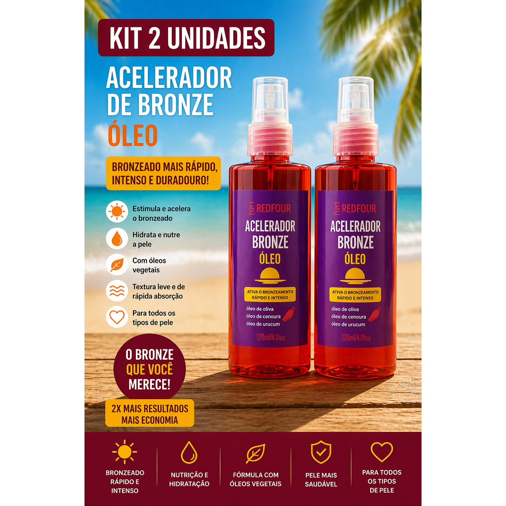 kit 2 Acelerador de bronze com Extrato de Urucum, Cenoura  e Aleo Vera bronzamento  marquinha - REDFOUR 120ml
