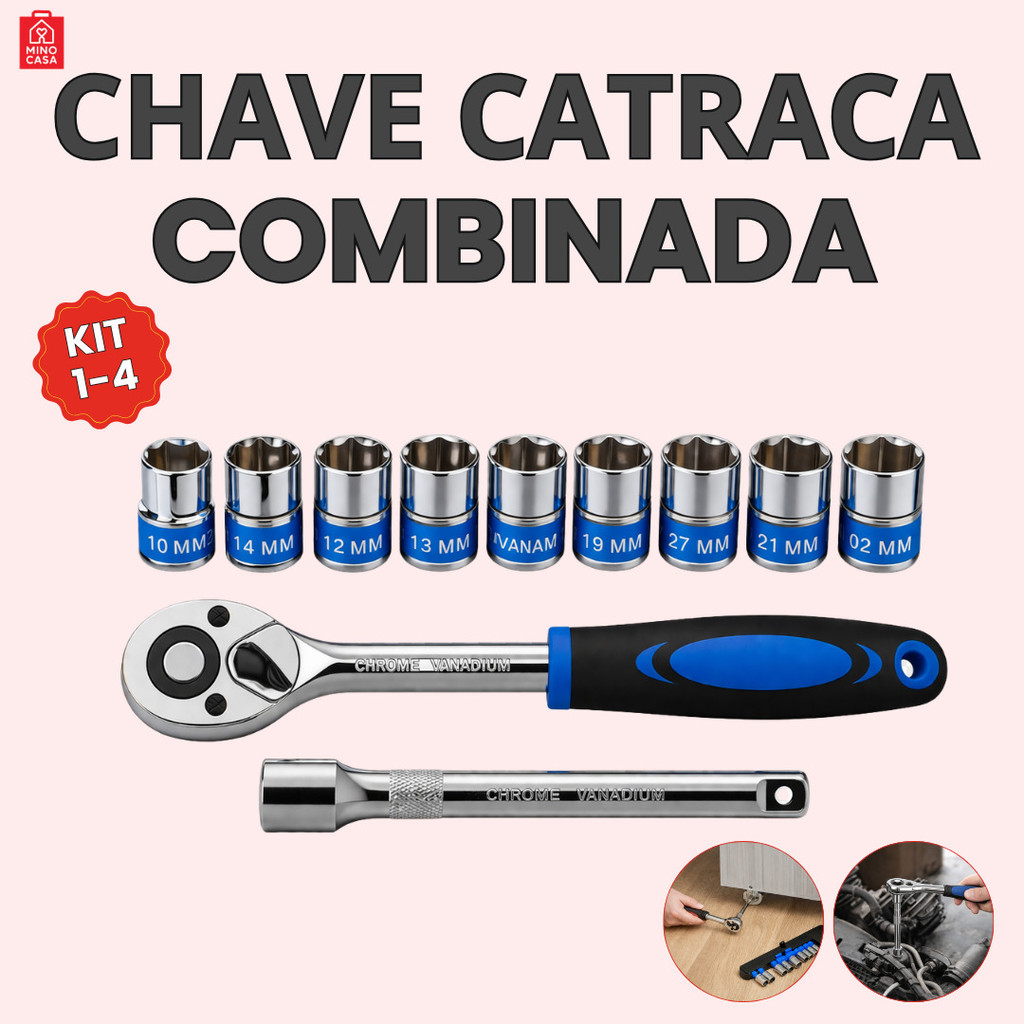 Jogo Sextavado de Soquetes 12 Peças com catraca e Extensão Reversível Cromado