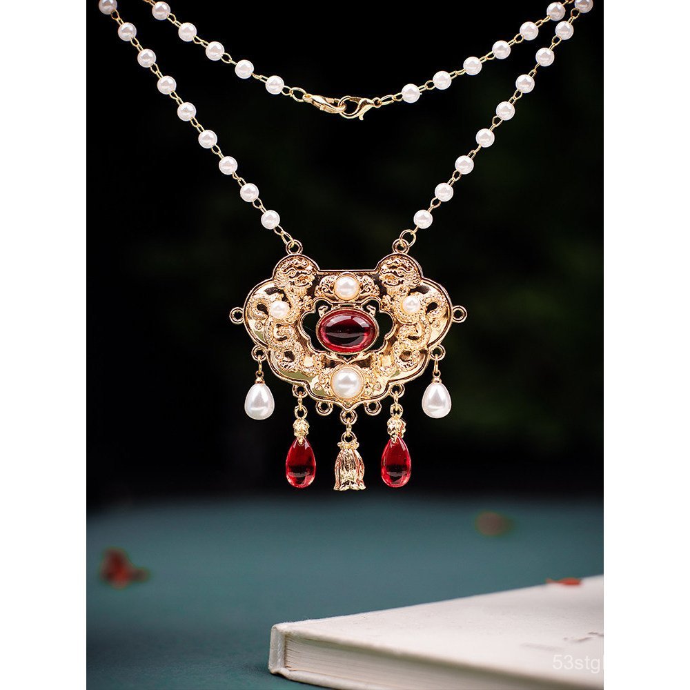 Acessórios Hanfu: Colar com Cadeado da Paz para mulheres, pulseira com cadeado concêntrico de estilo antigo, cadeado de