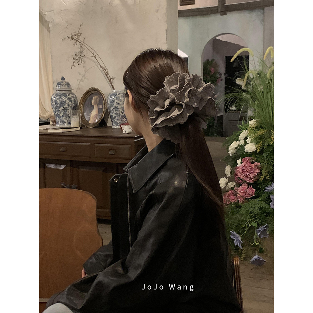 Cinza Duoduo ~ Anel de Salsicha de Renda Oversized High-End Sense Salsicha Anel de Cabelo Feminino Corda de Cabelo Grava