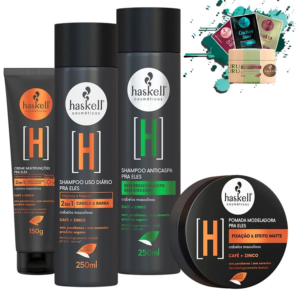 Shampoo Anticaspa e Shampoo Cabelo e Barba + Creme Multifunções + Pomada modeladora - Homem Haskell
