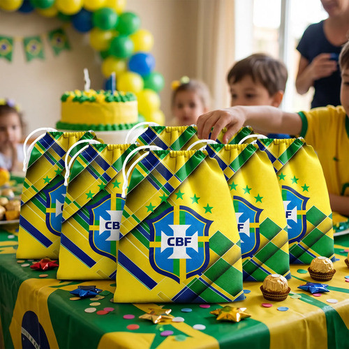  10 sacolinhas personalizada tecido COPA DO MUNDO VERDE E AMARELO  lembrancinhas festa de aniversario 30cmx20cm