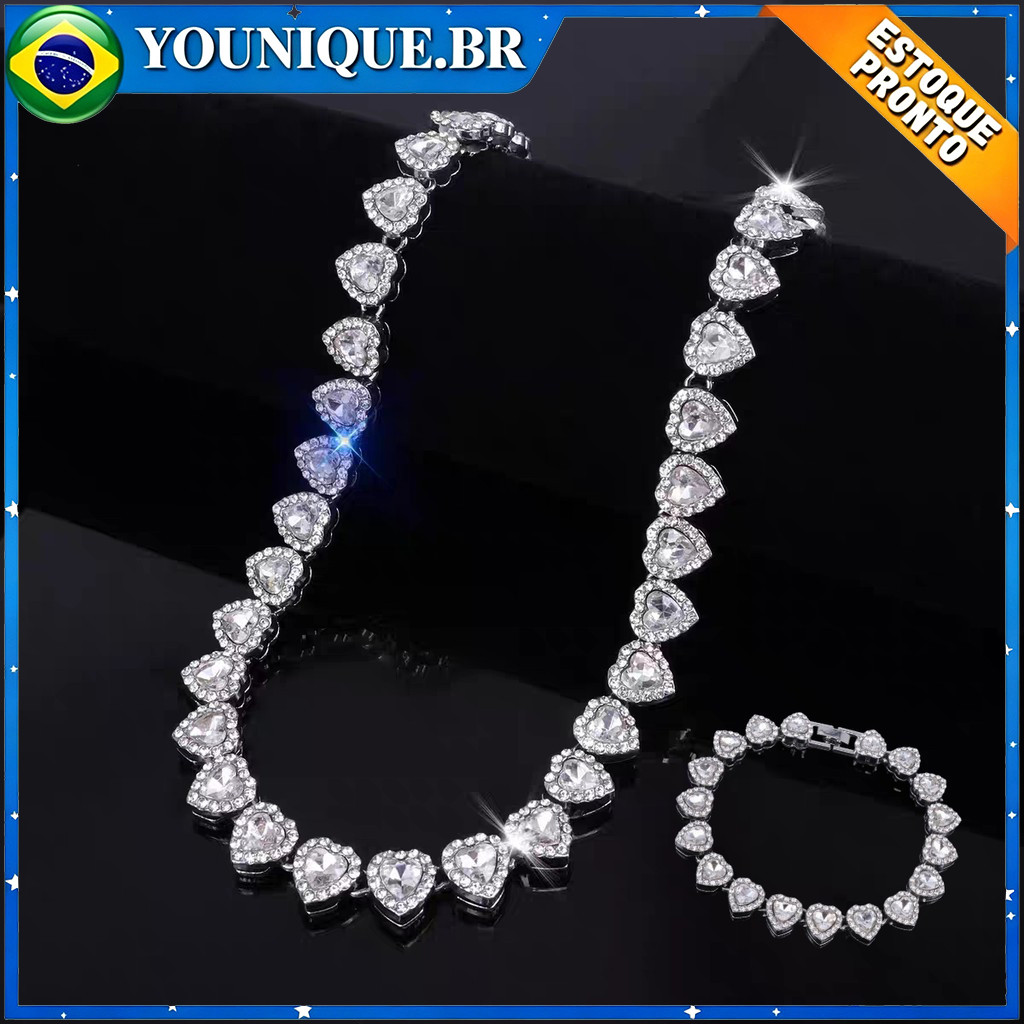 Conjunto requintado de colar e pulseira em aço titânio adornado com corações de zircônia banhados a prata Joias feminina
