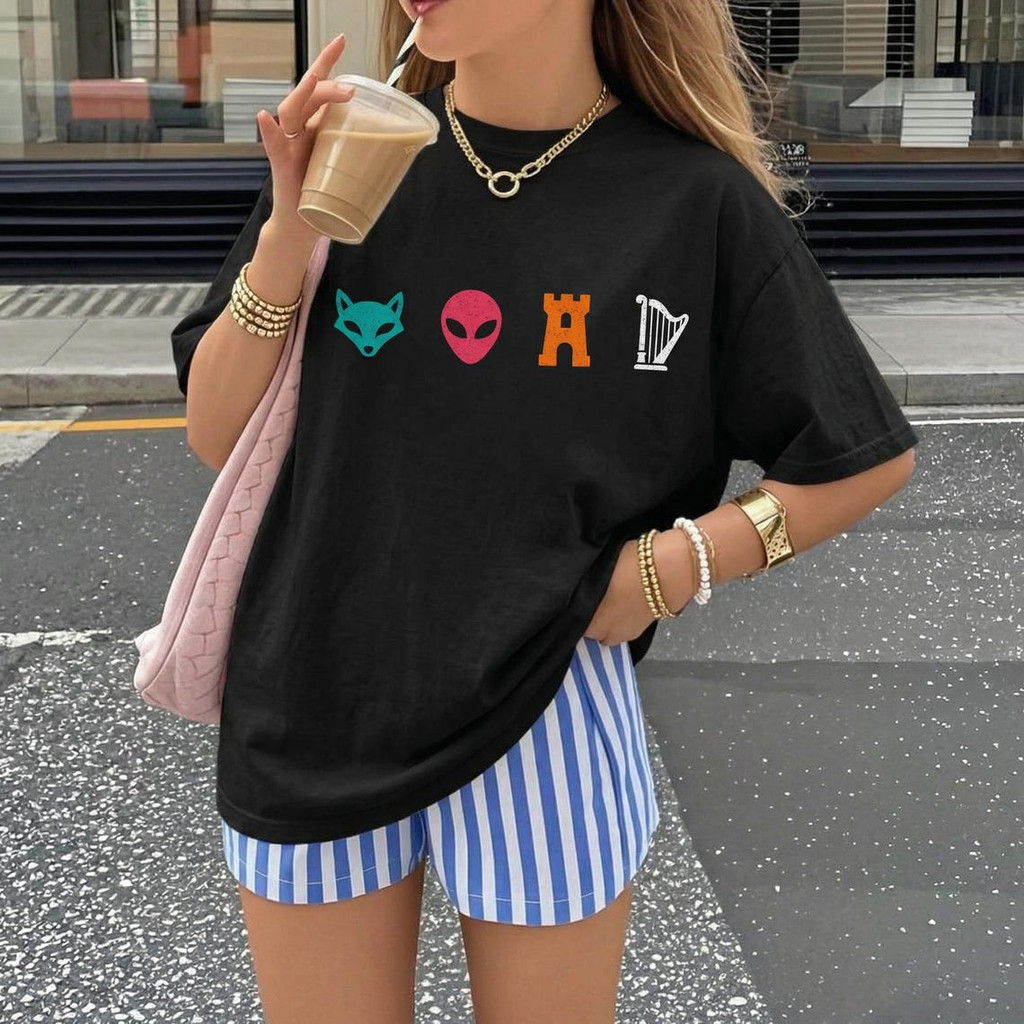 Camiseta Feminina "Fox Alien Castle Harp" Ícones Coloridos Envio Imediato