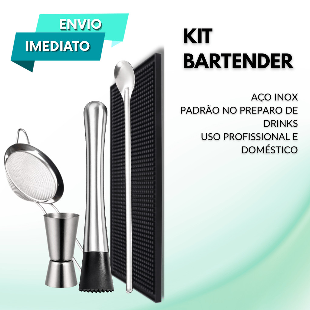 Kit Drinks Bartender Aço Inox Socador Ponta Emborrachada Dosador Duplo Peneira Tapete Colher Uso Doméstico Bar Festa