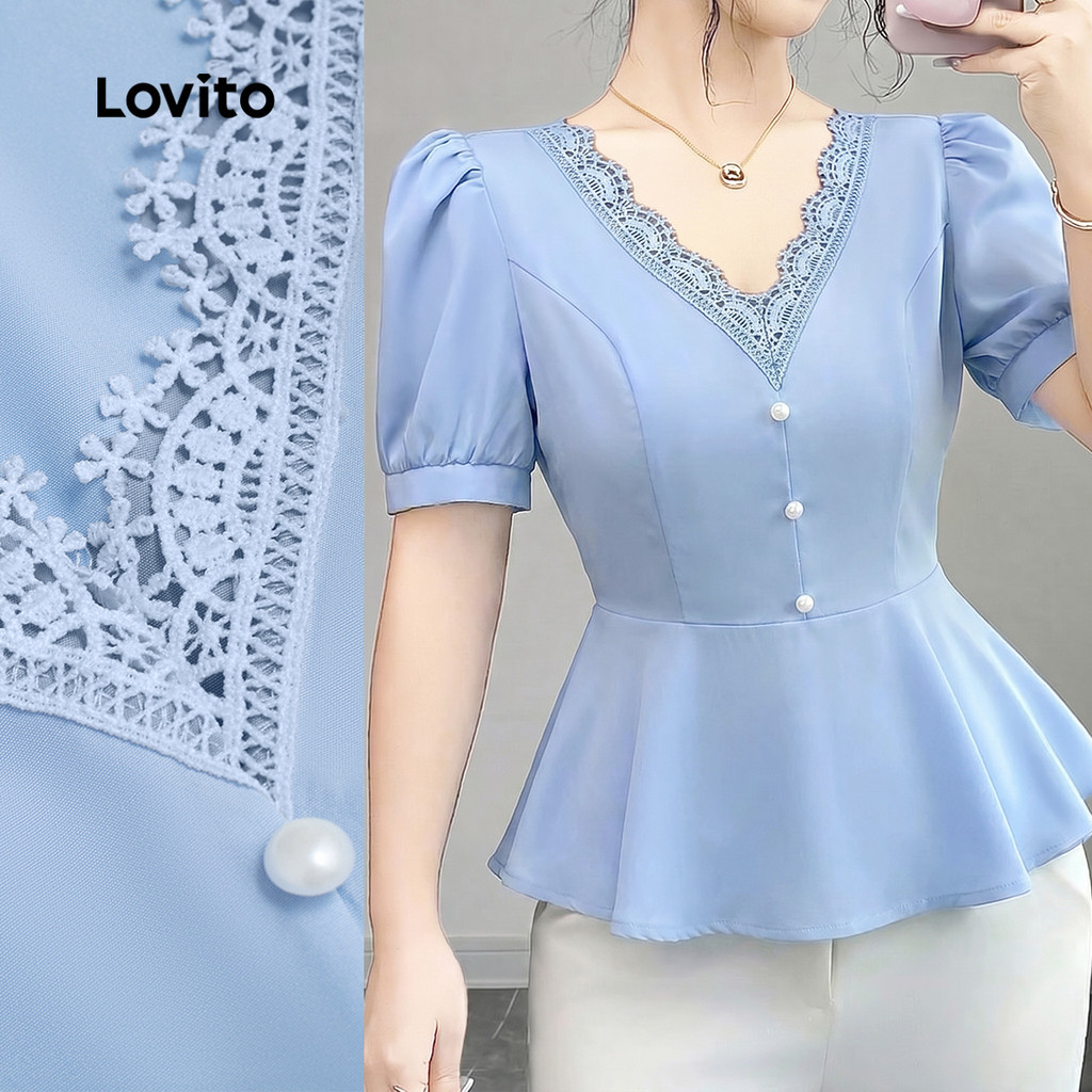 Lovito Blusa Elegante com Babados No Pescoço Botões Na Frente Plissada Azul Prim