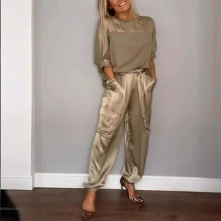 Terno feminino Plus Size cor sólida cetim meia manga Top e calças terno de duas peças 4RXW