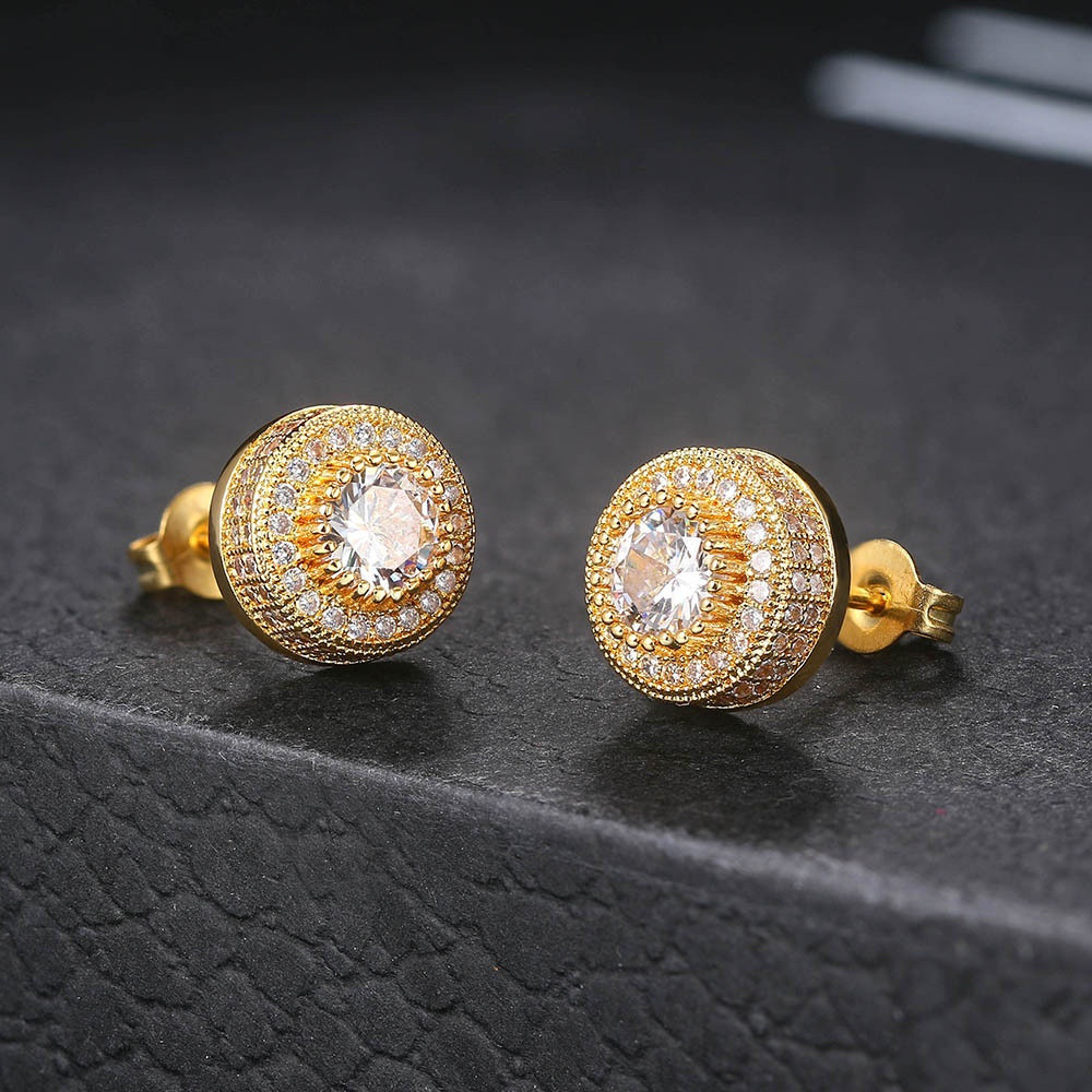 【Presentes dia dos namorados】Brincos De Diamante Completos Zircon Micro-Inlaid Hip-Hop Trendy Round Men's Earrings Jewel