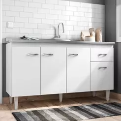 Balcão Gabinete Com Pia Inox 150cm 4 Portas Gabriela Branco/Preto - AJL Móveis
