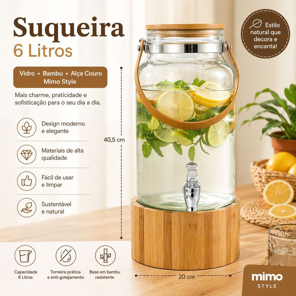 Suqueira de Vidro 6 Litros Base Bambu com Alça de Couro Mimo