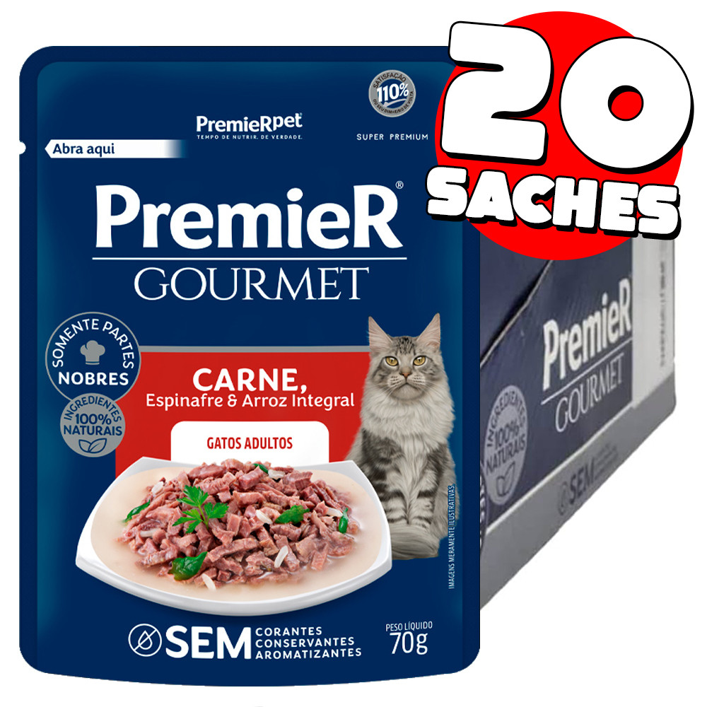 Caixa 20un Sache Ração Úmida Premier Gourmet Carne, Espinafre e Arroz Integral para Gatos Adultos