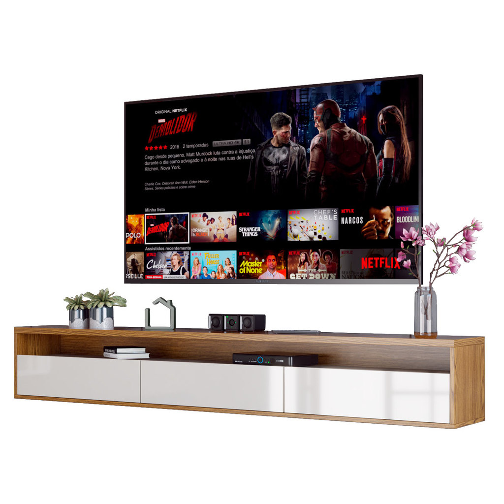 Rack Suspenso nicho TV 55 polegadas Life para sala Moderna Flutuante Off White com Freijó MóveisAqui