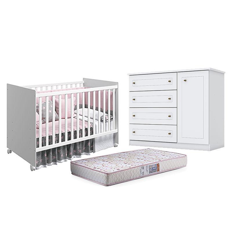 Berço Nacional Mel Branco Acetinado – Reller e Cômoda Infantil Americano Branco HP e Colchão Gazin - Henn