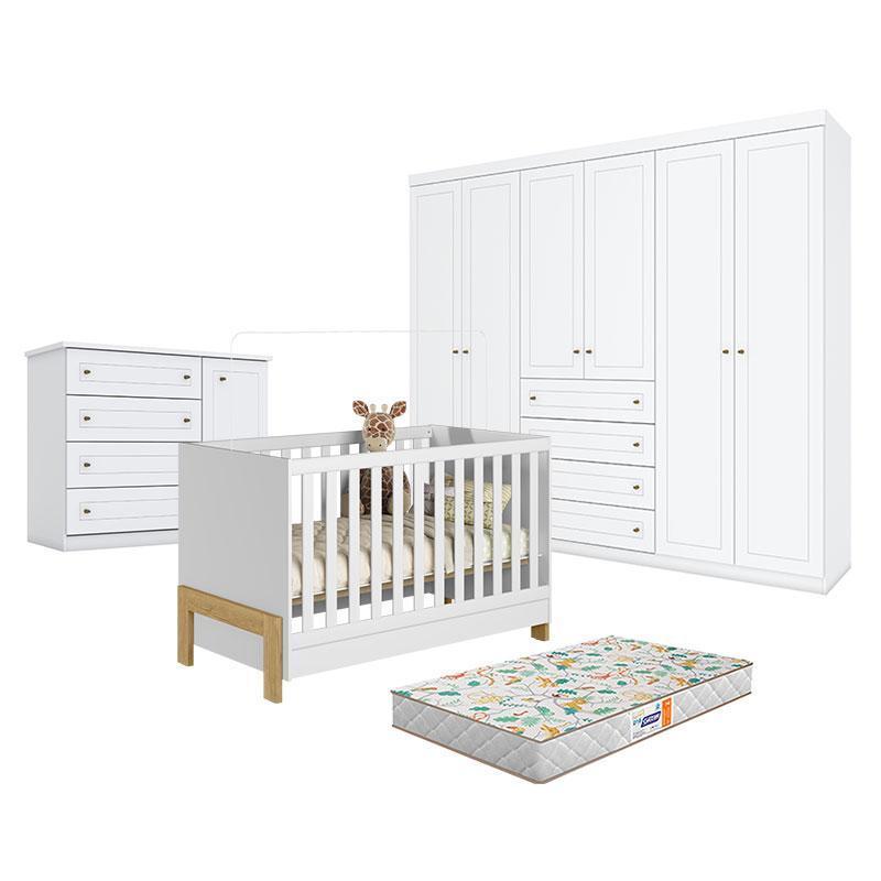 Quarto de Bebê Americano 6 Portas com Berço Americano Mini Cama Fantasia Branco Acetinado – Qmovi - Henn e Colchão Gazin