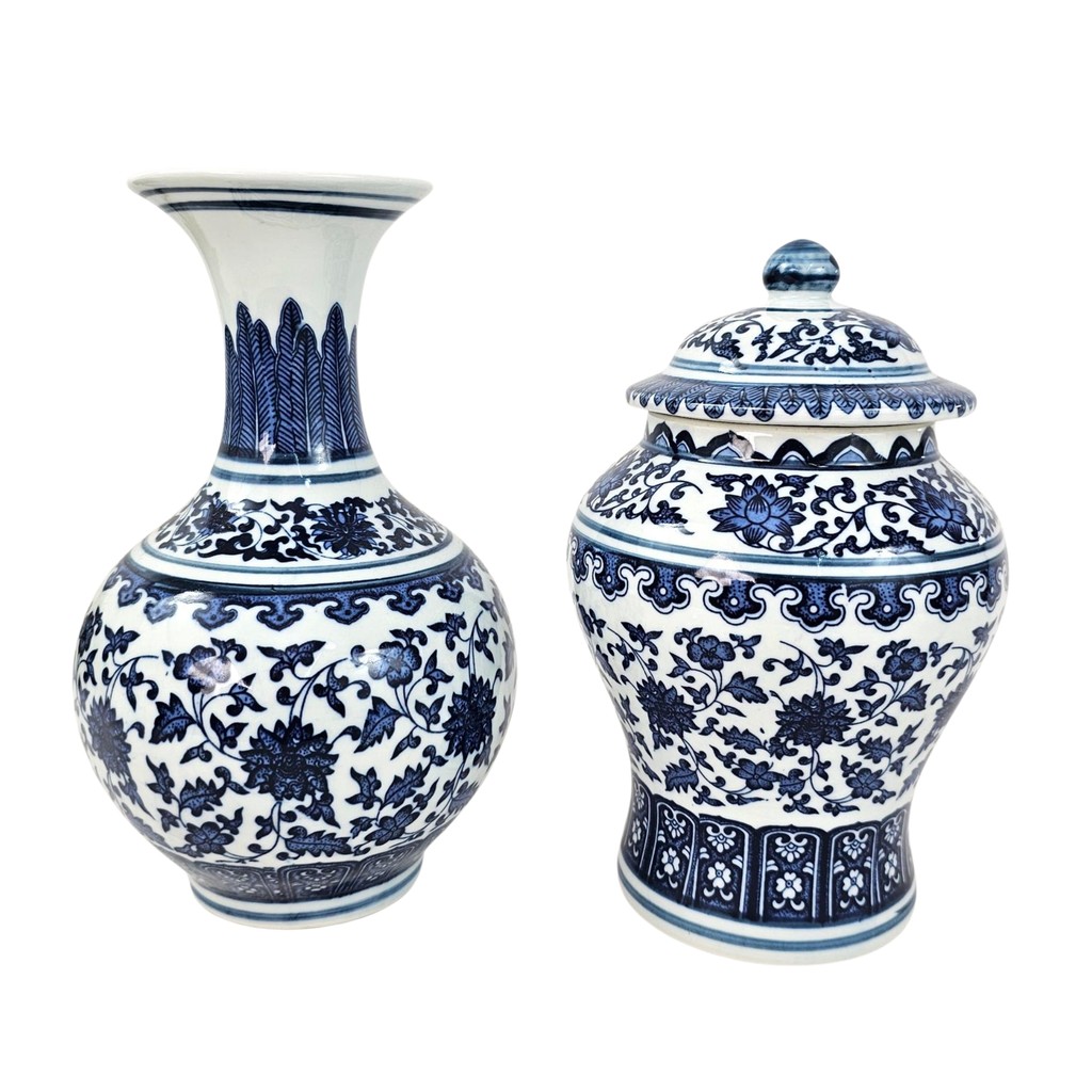 Kit Vaso Potiche Azul E Branco Porcelana  Decorativo Nara