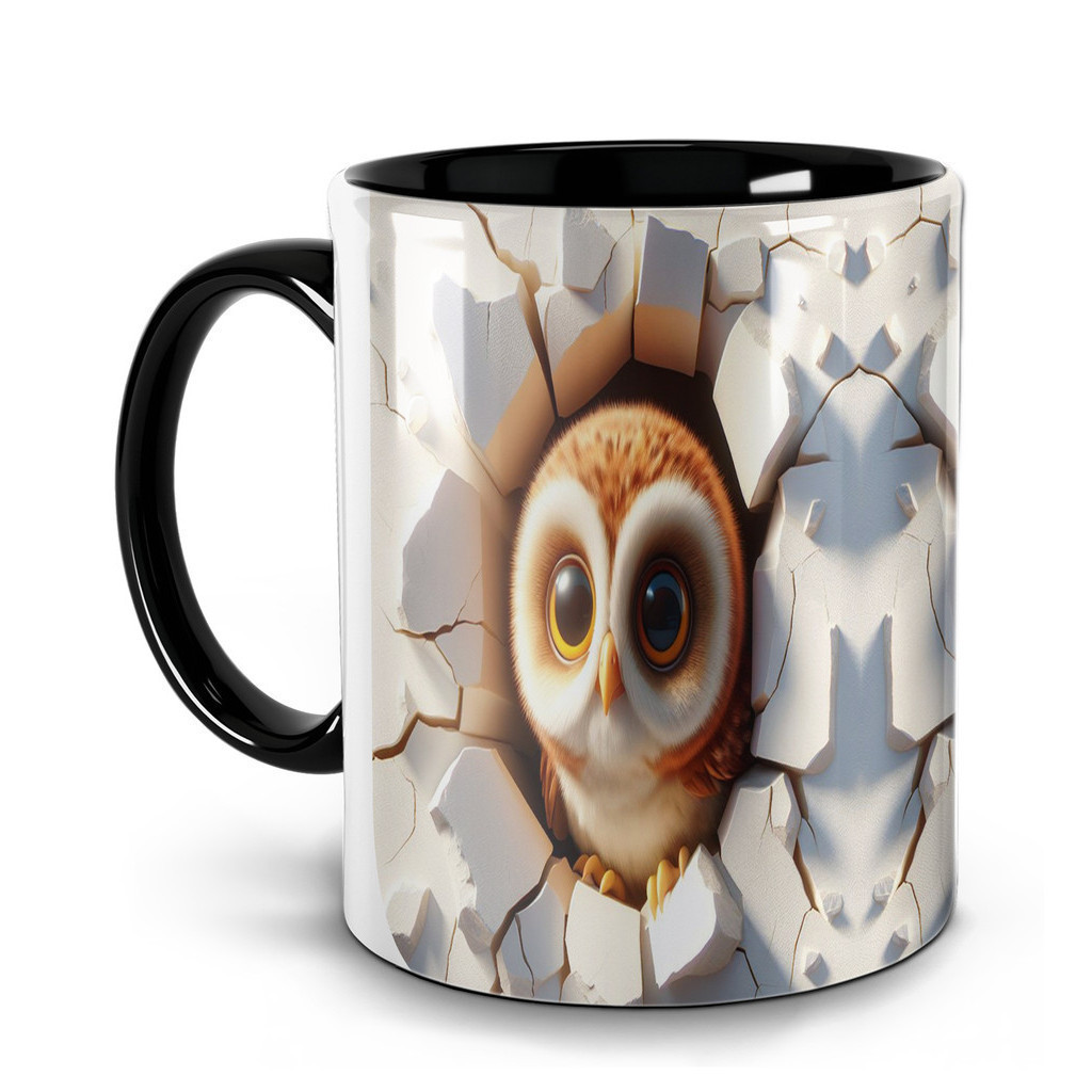 Caneca Alça e Inter / Preta Animais 3d Coruja Porcelana Presente 325ml Presente Criativo