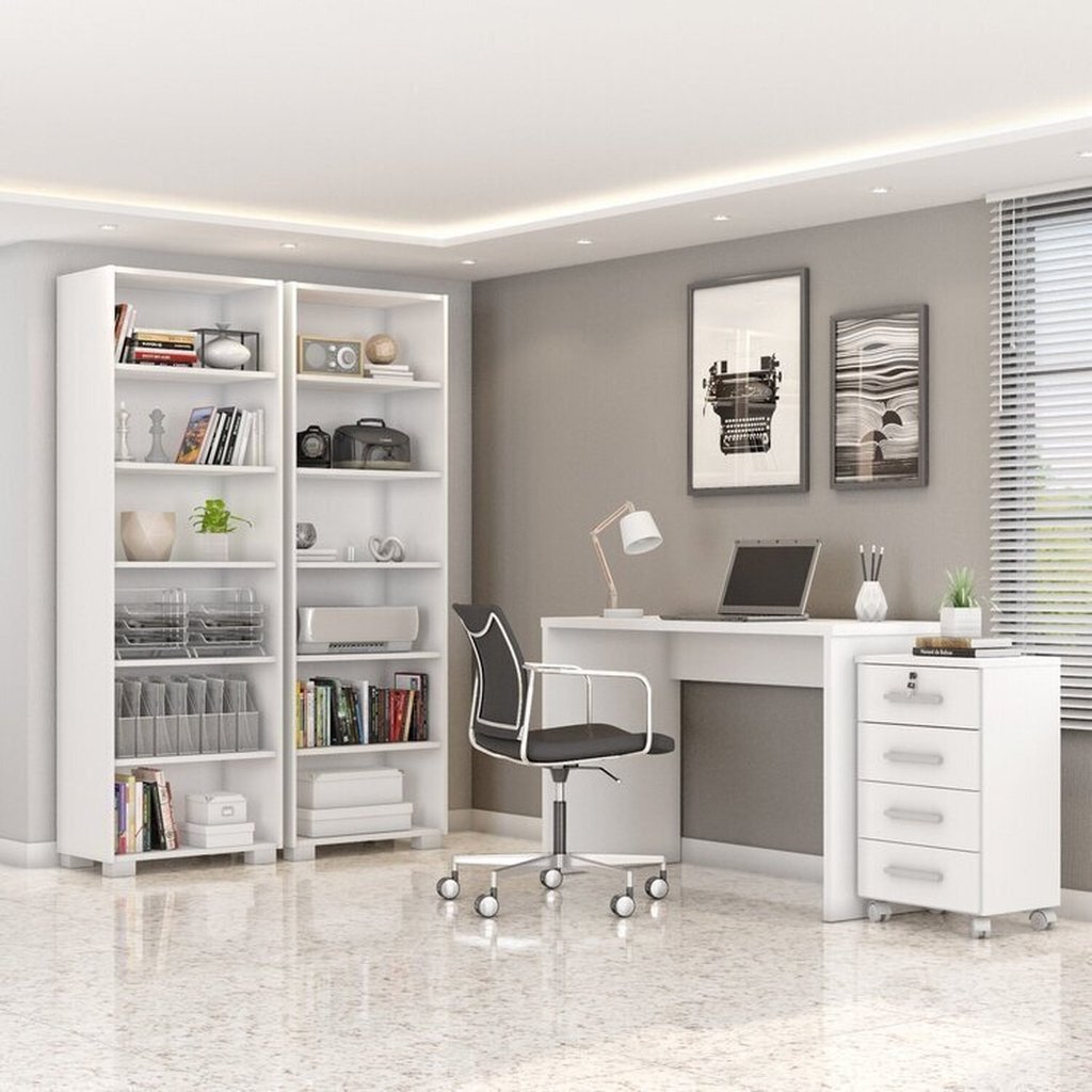 Conjunto 4 Peças com Escrivaninha, Gaveteiro e 2 Estantes Livreiros Branco Branco