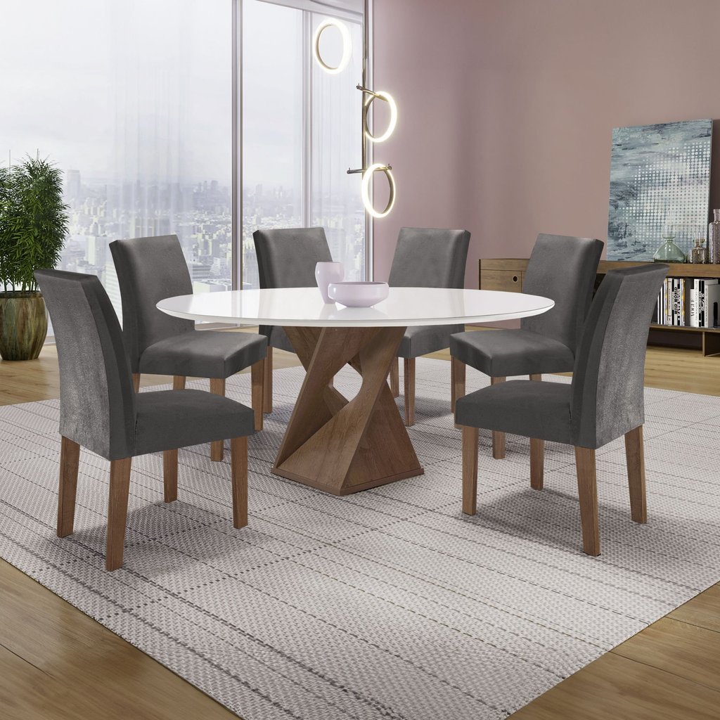 Conjunto Mesa Barcelona 120cm com 6 Cadeiras Espanha Tampo Plus Redondo Vidro Yescasa Chocolate/Off White/Veludo Cinza