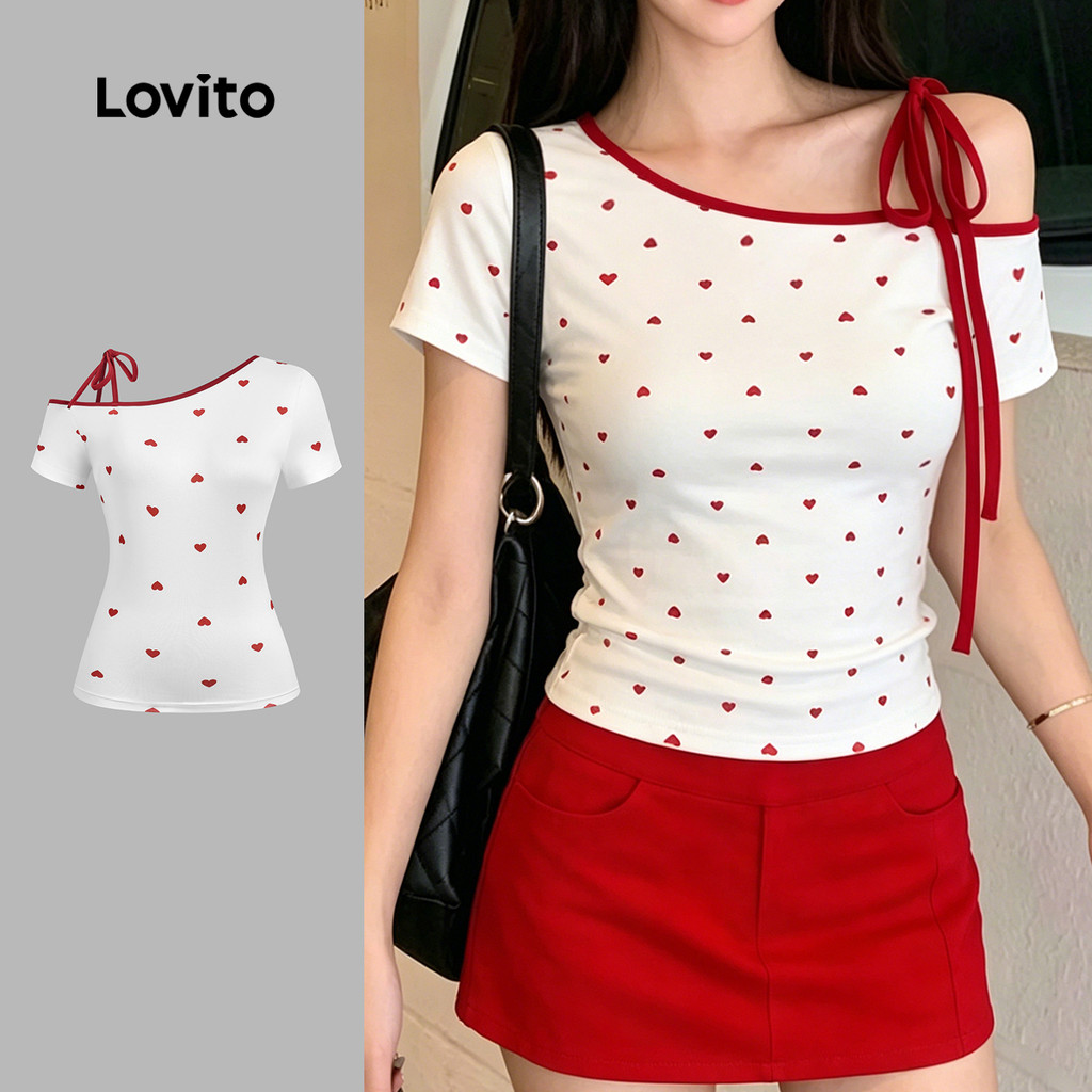 Lovito Camiseta Casual Colorida Assimétrica para Mulheres Primavera/verão Vermelha LK4ED902