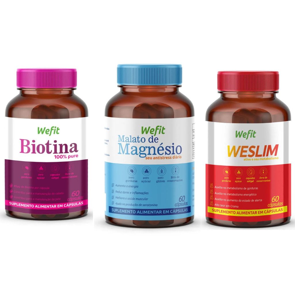 Biotina Pote Com 60 Cápsulas + Magnésio Pote 60 Cápsulas + Weslim Pote 60 Cápsulas Wefit