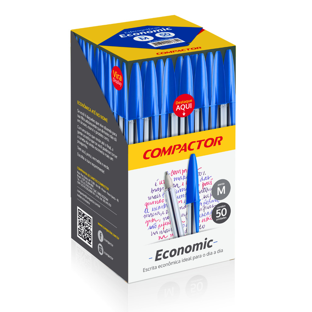 Caixa Com 50 Canetas Compactor Economic Ponta Média 1.0 mm Cor:Azul