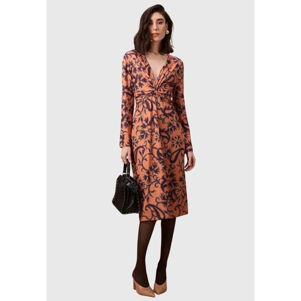 Vestido Ajustado com Decote V e Manga Longa Midi Maria Valentina