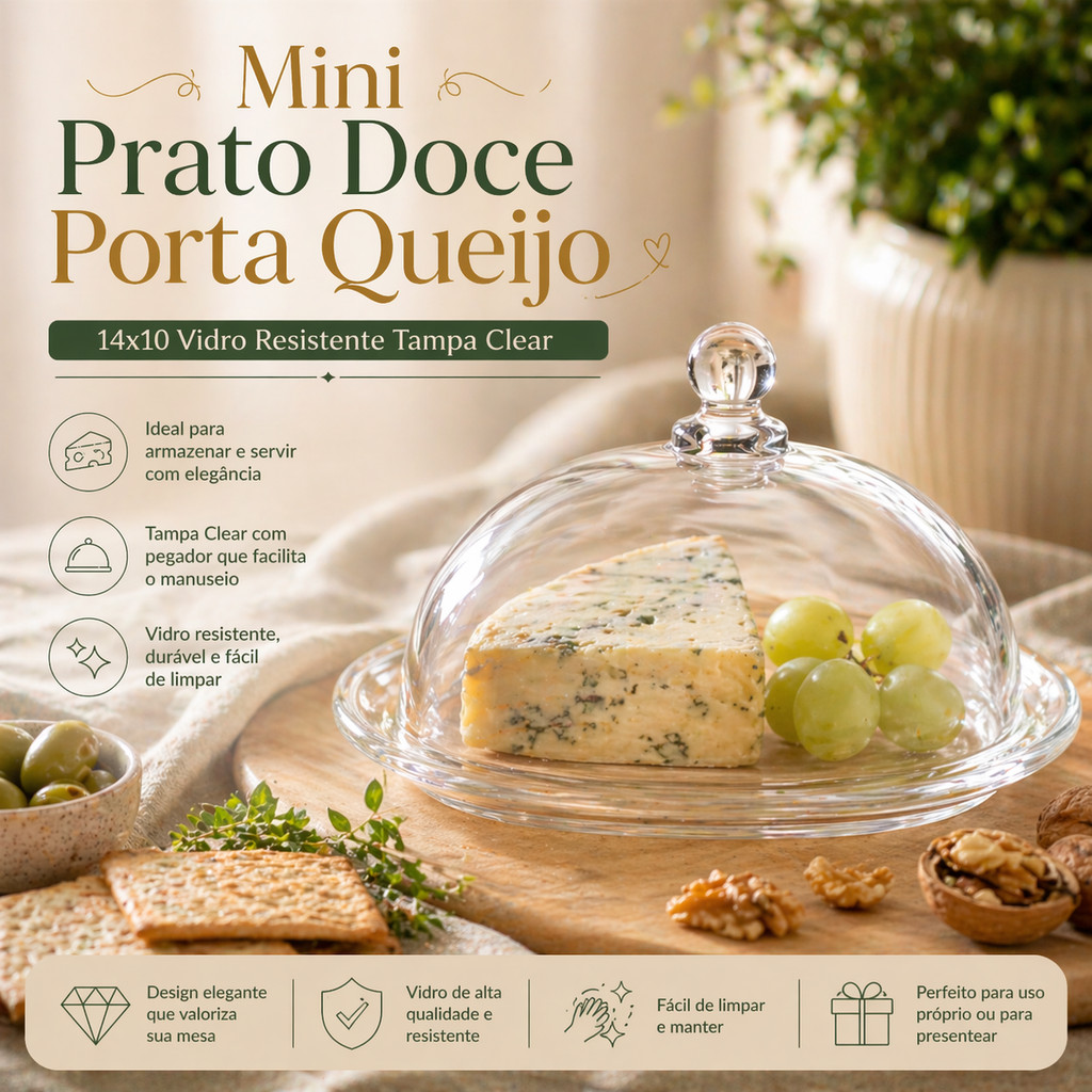 Mini Prato Doce Porta Queijo Queijeira 14x10 com Tampa Clear Mesa Posta Decoração Utilidades