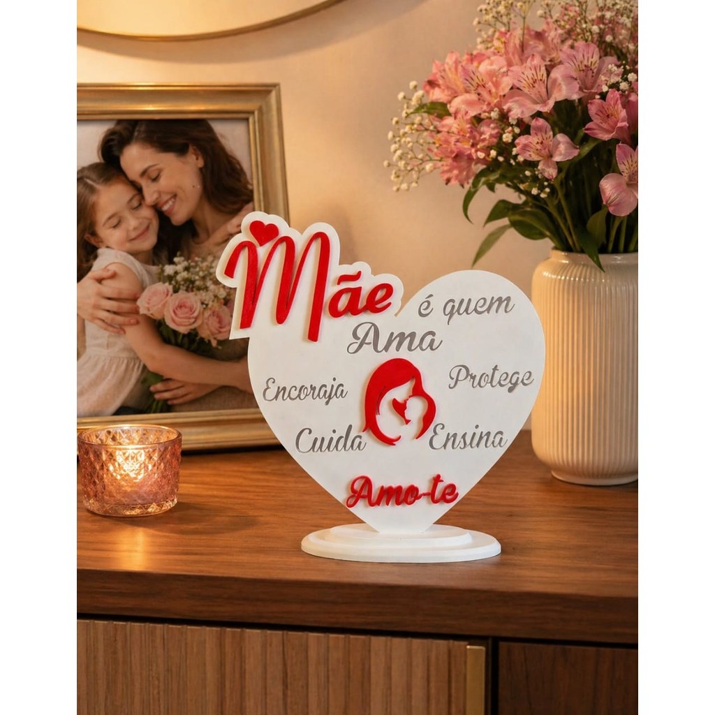 Escultura Decorativa Coração Mãe Amor Carinho Presente Dia das Mães Estatueta 3D Mesa