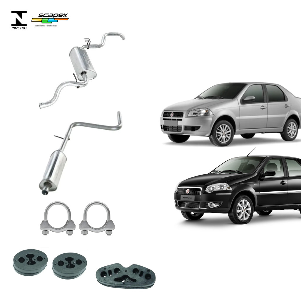 Silencioso Escapamento Traseiro, Intermediario, Abraçadeira e Coxim Fiat Siena 1.0 1.4 Scapex