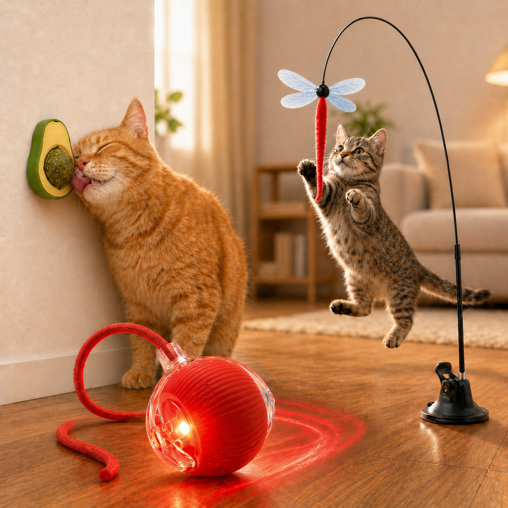 Kit 3 Brinquedos Interativos para Gatos Bolinha Automática + Abacate Catnip + Varinha com Ventosa