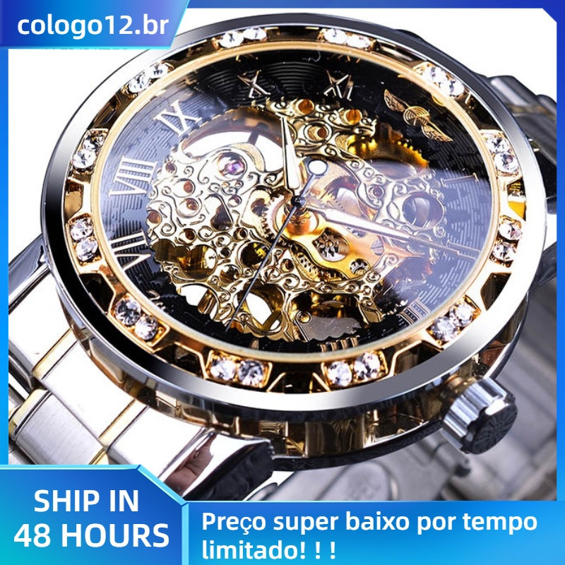 Relógio mecânico esqueleto masculino com movimento de engrenagem de diamante transparente e design real luminoso