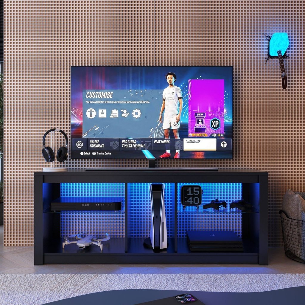 Rack para TV até 55 Polegadas com LED 136cm Gamer com 2 Prateleiras em Vidro Preto