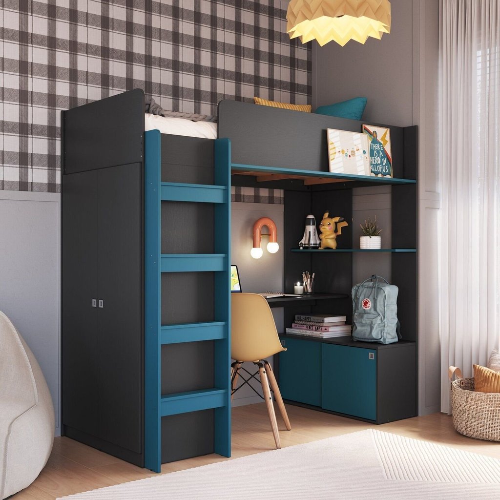 Cama Elevada Multifuncional com Armário e Escrivaninha Grafite/Azul