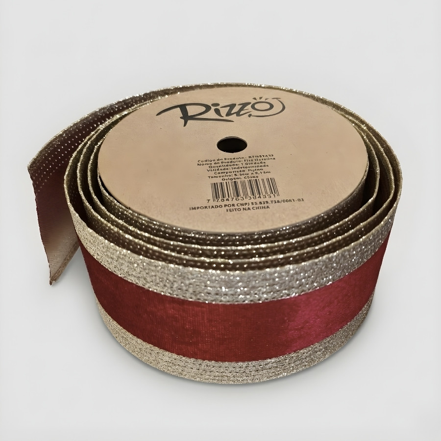 Fita Aramada Decorativa de Natal - Trilho Vermelho Escuro com Borda Dourada - 6,3cm x 9,14m - 1 unidade - Rizzo