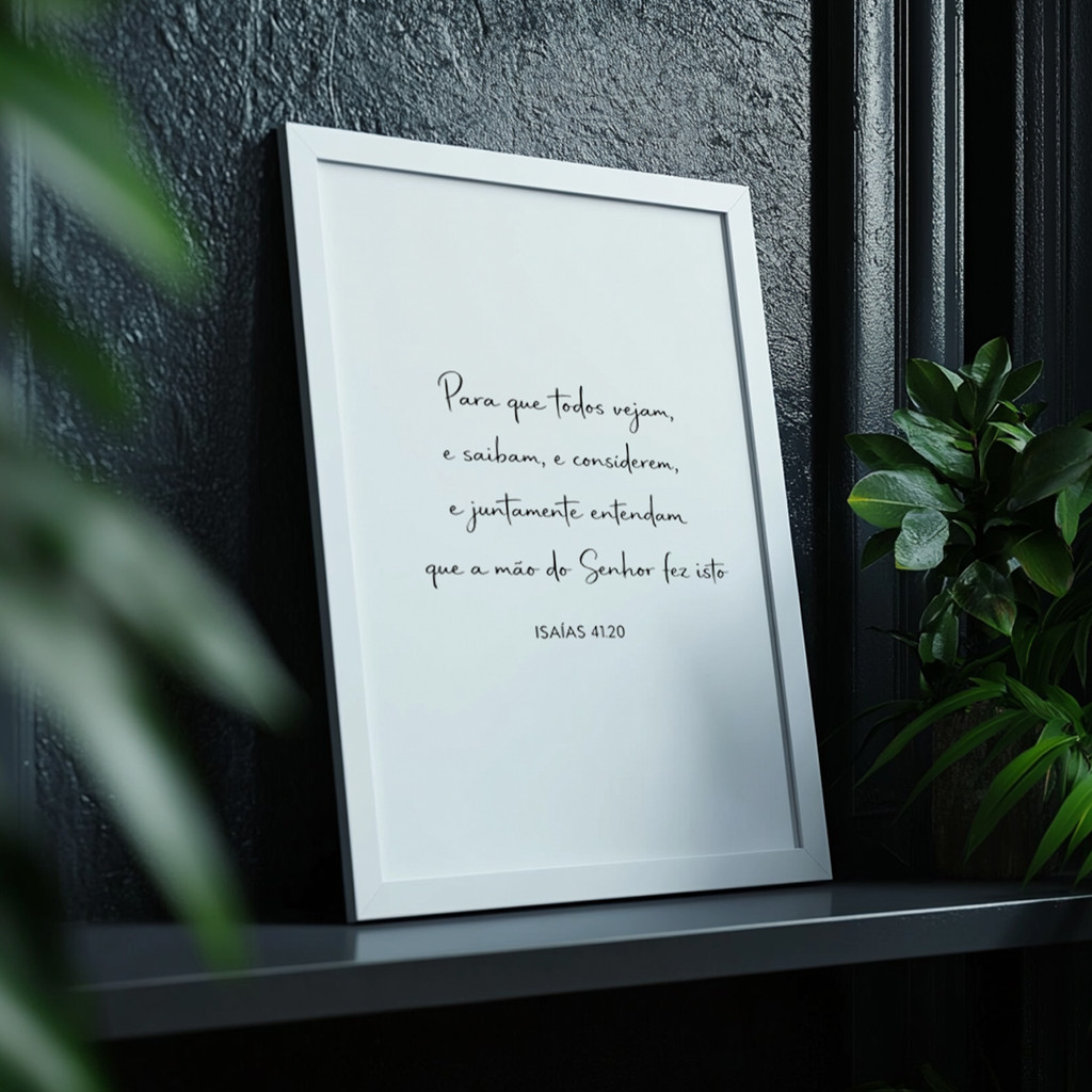Quadro com Moldura Versículo Isaías 41 20 Frase Cristã Fé Palavra Deus Minimalista Branco