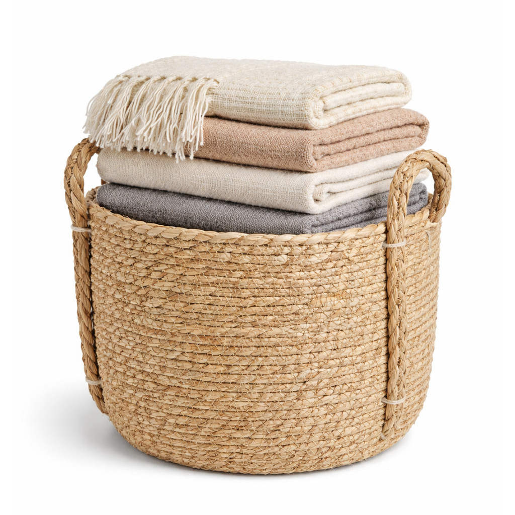 Cesto Organizador Fibra Natural Seagrass 29cm com Alça - Cesto Decorativo de Palha para Sala Quarto Roupa Brinquedos