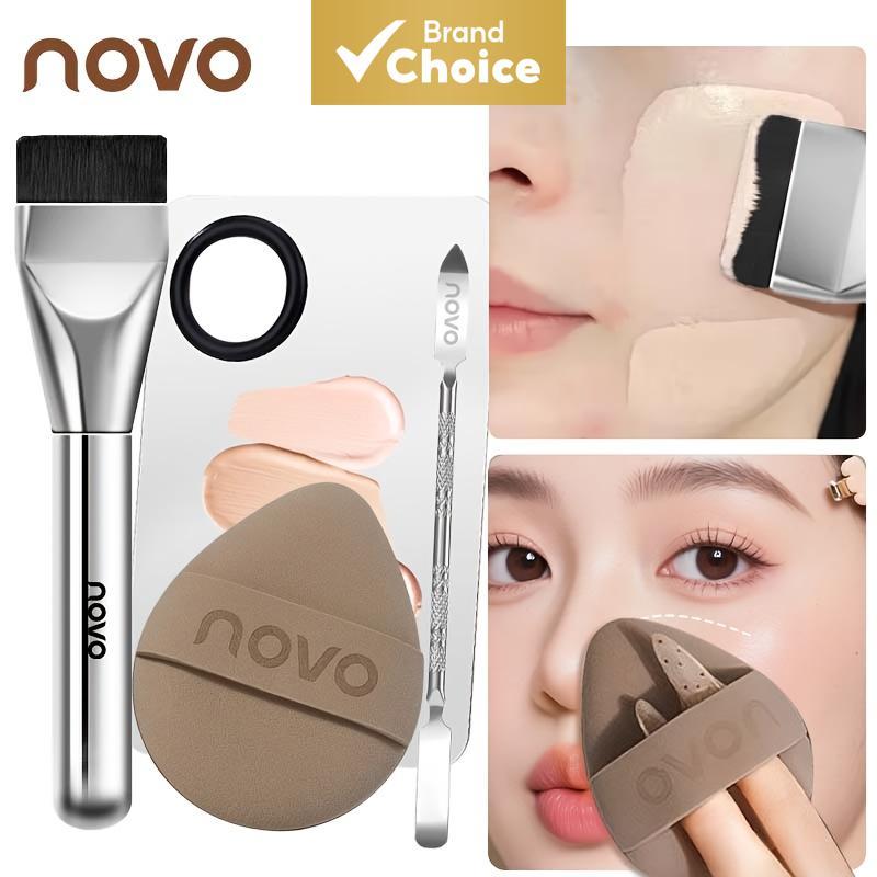NOVO Conjunto de Maquiagem com 4 Peças, Pincel de Base + Paleta de Mistura + Espátula de Maquiagem + Esponja de Pó, 2