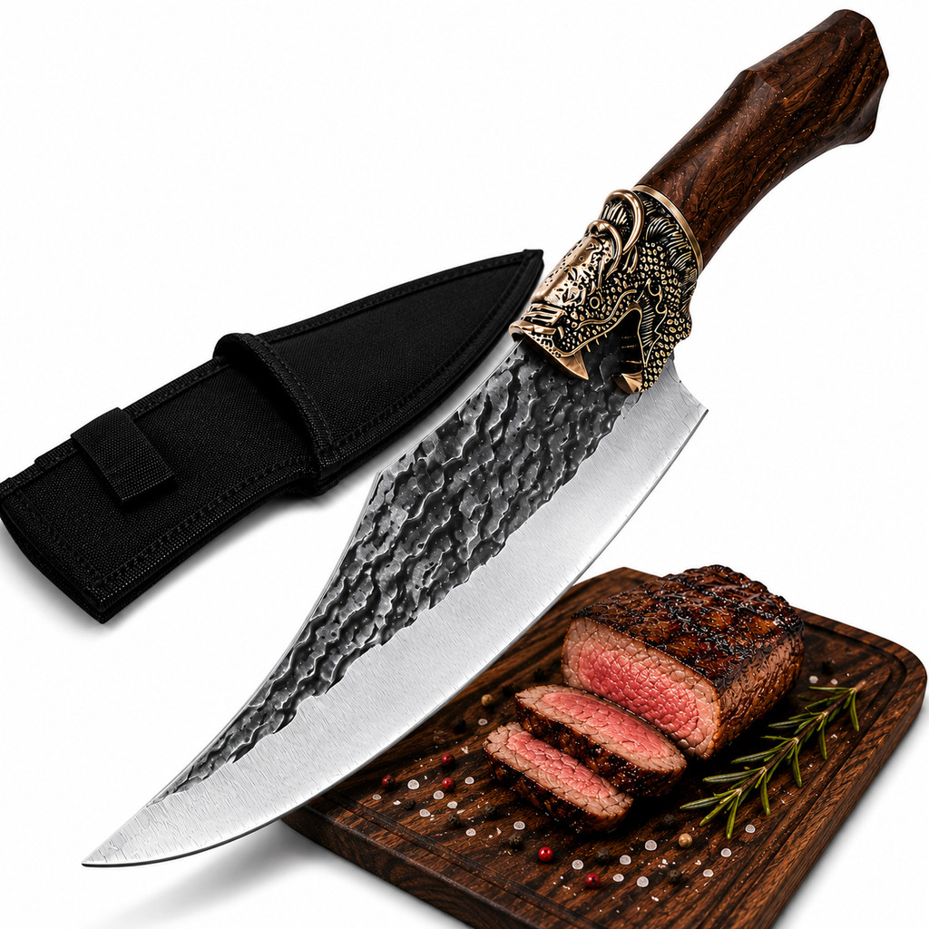 Faca Rústica Lâmina Afiada Bainha Desossa Bainha Dragão Churrasco Presente Pai Marido Pesca Dragão Chinês Inox