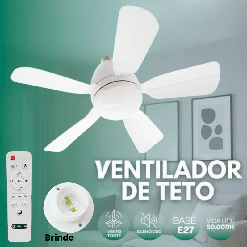 Imagem Ventilador de Teto  Turbo Silencioso Oval 80w 5 Pás LED 3 Cores E27 Controle Função Timing Bivolt