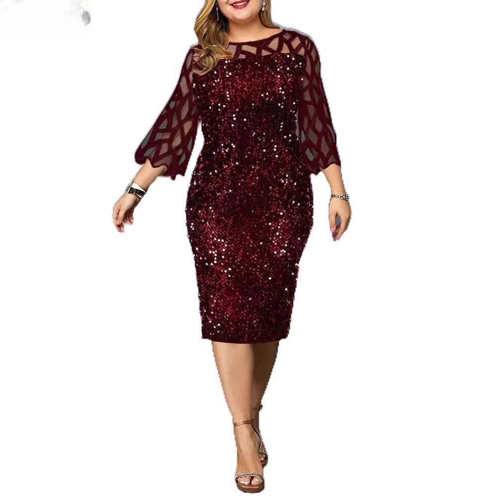 Vestido feminino plus size P-5XG, elegante vestido de tule com lantejoulas de manga longa e corte justo para festas e ev