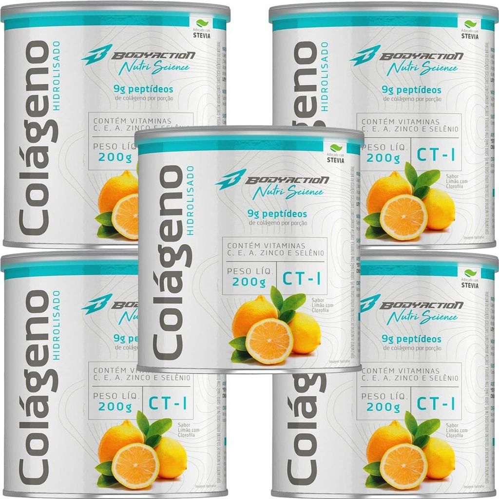 Kit 5X Colágeno Hidrolisado Nutri Science - 200g Limão com Clorofila - BodyAction