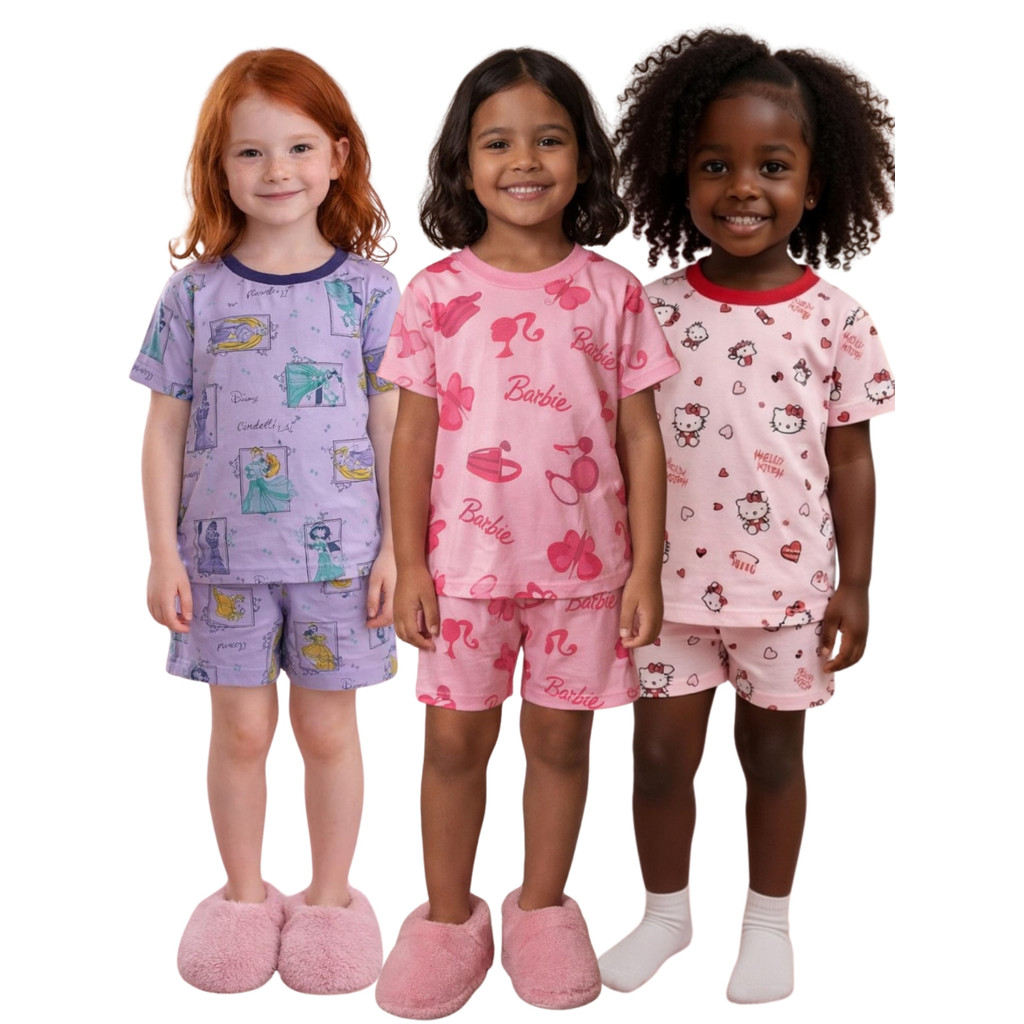 kit 3 Pijama Infantil Shorts e Camiseta Menino Menina Malha Fria PV Premium Estampa Sortida Afd
