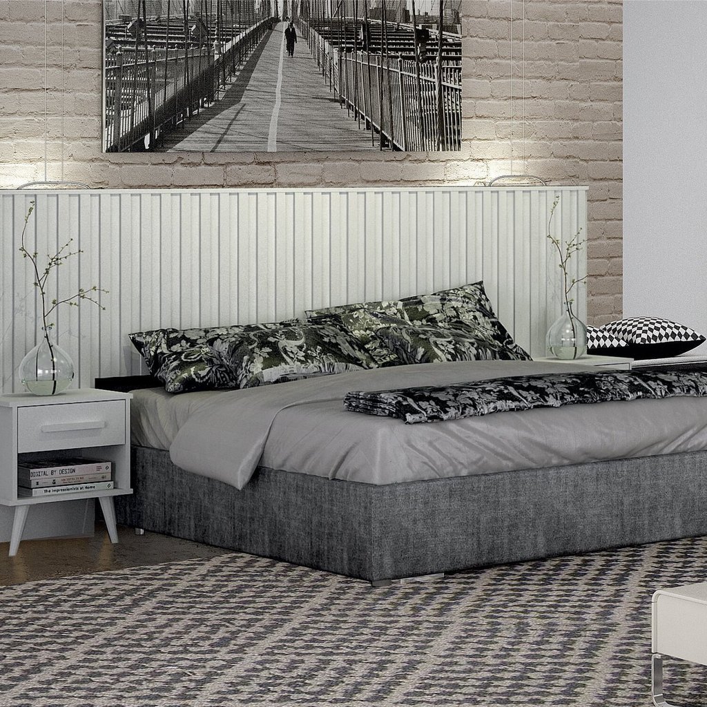 Cabeceira Casal Milano Ripado com 2 Mesa de Cabeceira Branco Branco